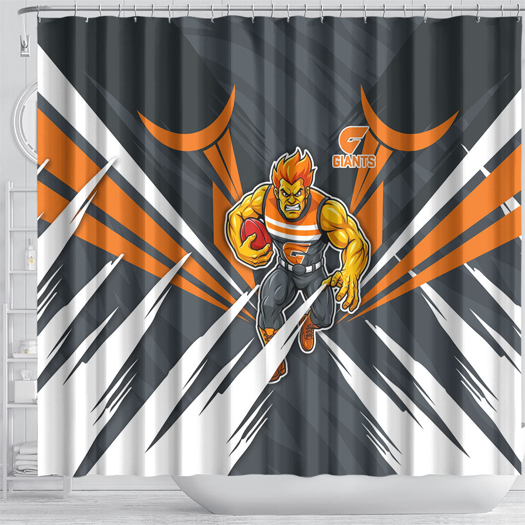 Greater Western Sydney Giants Australian Football Shower Curtain Powerful Muscle Mascot With Geometric Sunburst Motion Art