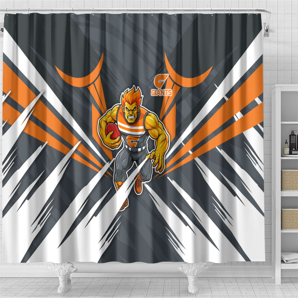 Greater Western Sydney Giants Australian Football Shower Curtain Powerful Muscle Mascot With Geometric Sunburst Motion Art