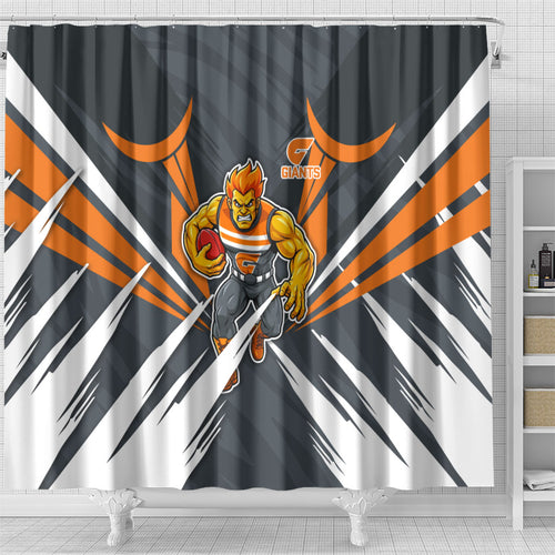 Greater Western Sydney Giants Australian Football Shower Curtain Powerful Muscle Mascot With Geometric Sunburst Motion Art