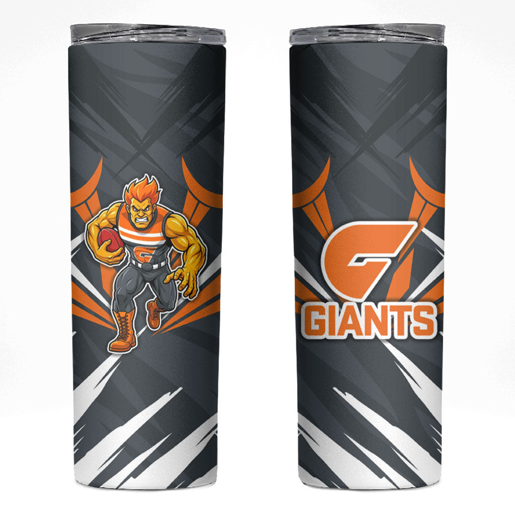 Greater Western Sydney Giants Australian Football Skinny Tumbler Powerful Muscle Mascot With Geometric Sunburst Motion Art