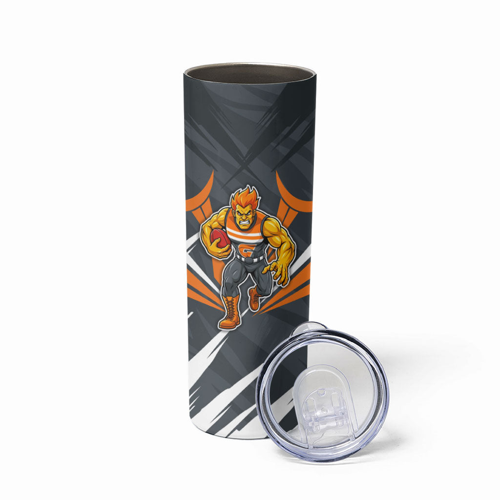 Greater Western Sydney Giants Australian Football Skinny Tumbler Powerful Muscle Mascot With Geometric Sunburst Motion Art