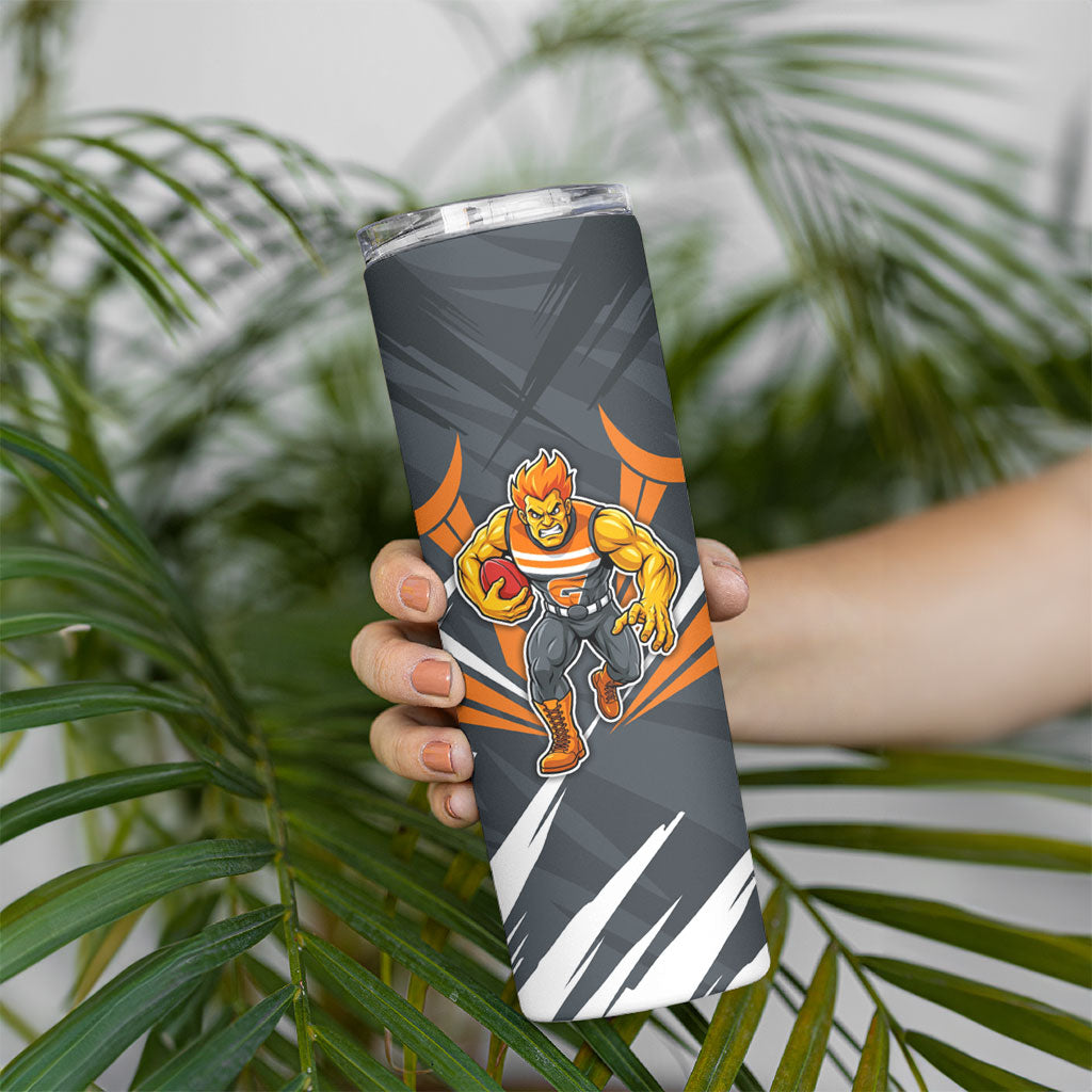 Greater Western Sydney Giants Australian Football Skinny Tumbler Powerful Muscle Mascot With Geometric Sunburst Motion Art