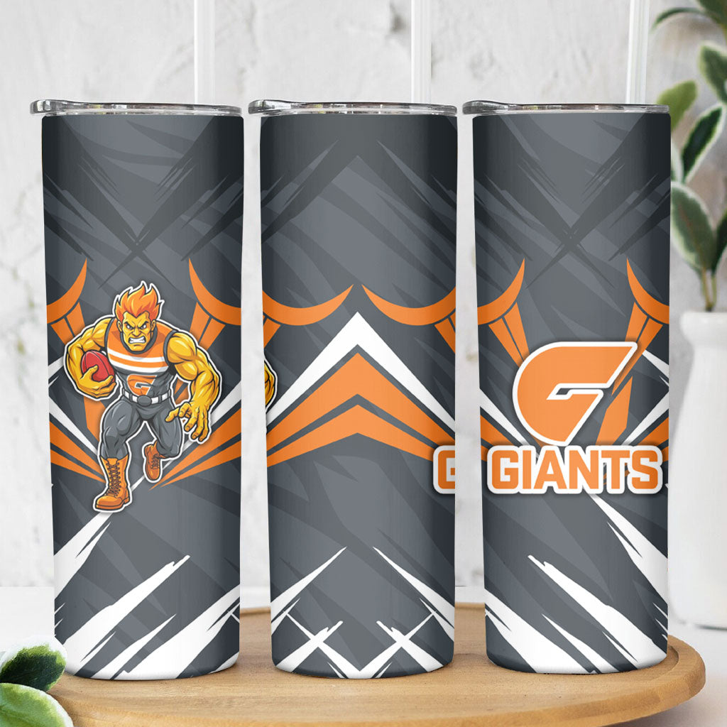 Greater Western Sydney Giants Australian Football Skinny Tumbler Powerful Muscle Mascot With Geometric Sunburst Motion Art
