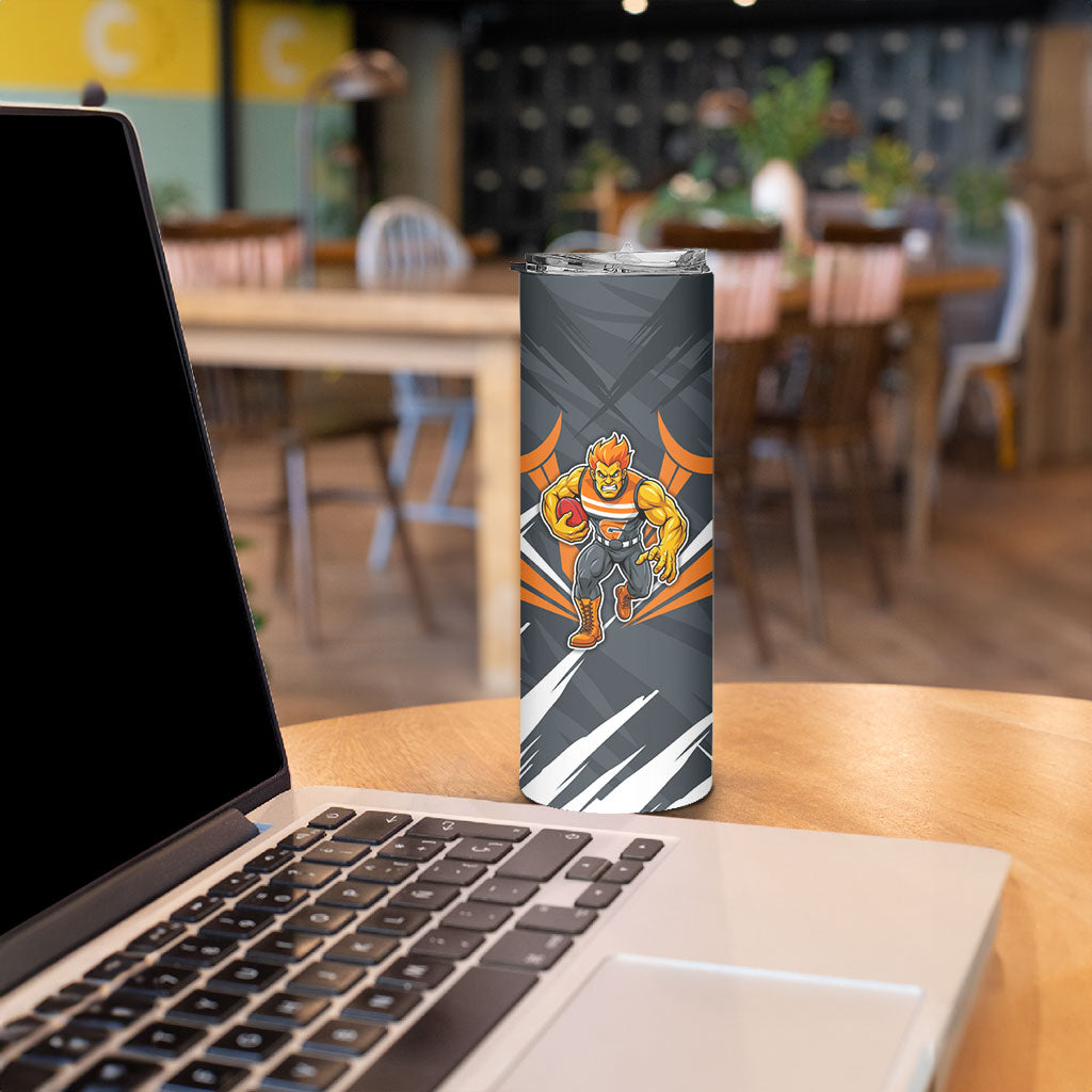 Greater Western Sydney Giants Australian Football Skinny Tumbler Powerful Muscle Mascot With Geometric Sunburst Motion Art