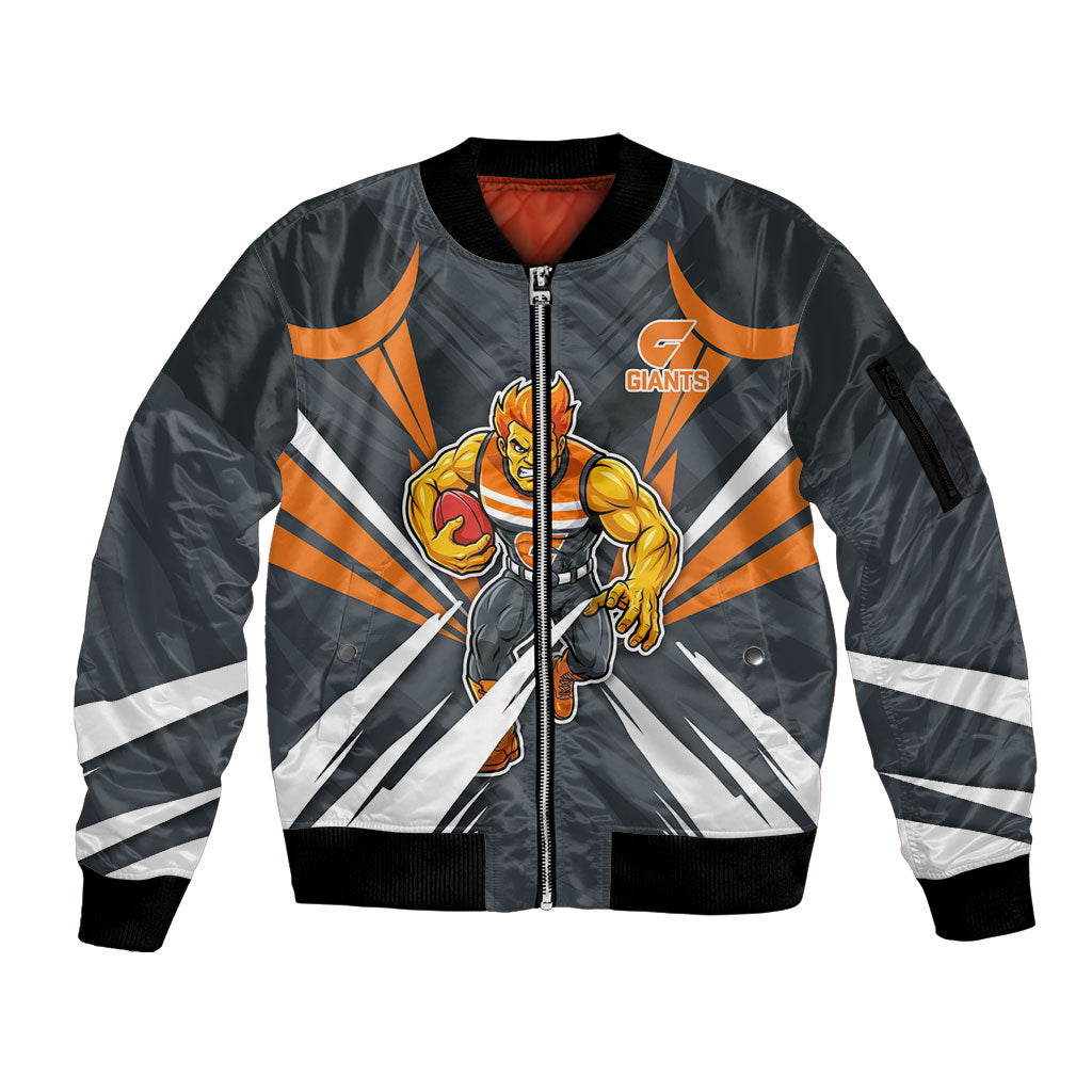 Greater Western Sydney Giants Australian Football Sleeve Zip Bomber Jacket Powerful Muscle Mascot With Geometric Sunburst Motion Art