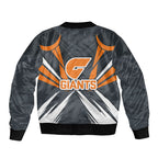 Greater Western Sydney Giants Australian Football Sleeve Zip Bomber Jacket Powerful Muscle Mascot With Geometric Sunburst Motion Art