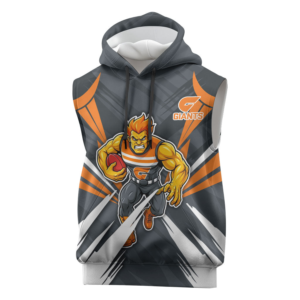 Greater Western Sydney Giants Australian Football Sleeveless Hoodie Powerful Muscle Mascot With Geometric Sunburst Motion Art