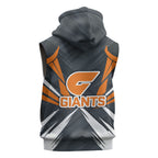 Greater Western Sydney Giants Australian Football Sleeveless Hoodie Powerful Muscle Mascot With Geometric Sunburst Motion Art