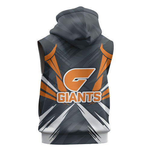 Greater Western Sydney Giants Australian Football Sleeveless Hoodie Powerful Muscle Mascot With Geometric Sunburst Motion Art