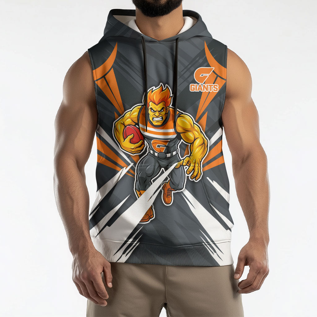 Greater Western Sydney Giants Australian Football Sleeveless Hoodie Powerful Muscle Mascot With Geometric Sunburst Motion Art