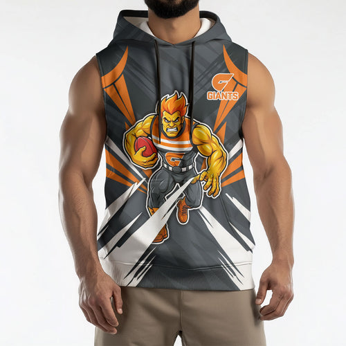 Greater Western Sydney Giants Australian Football Sleeveless Hoodie Powerful Muscle Mascot With Geometric Sunburst Motion Art