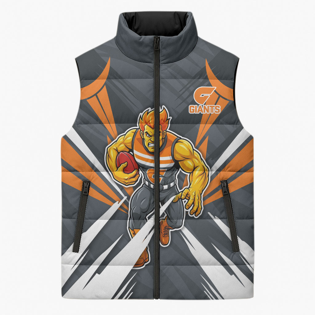 Greater Western Sydney Giants Australian Football Sleeveless Puffer Jacket Powerful Muscle Mascot With Geometric Sunburst Motion Art