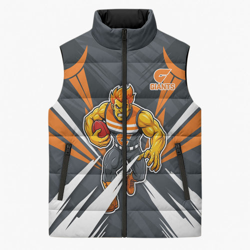 Greater Western Sydney Giants Australian Football Sleeveless Puffer Jacket Powerful Muscle Mascot With Geometric Sunburst Motion Art