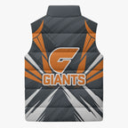 Greater Western Sydney Giants Australian Football Sleeveless Puffer Jacket Powerful Muscle Mascot With Geometric Sunburst Motion Art
