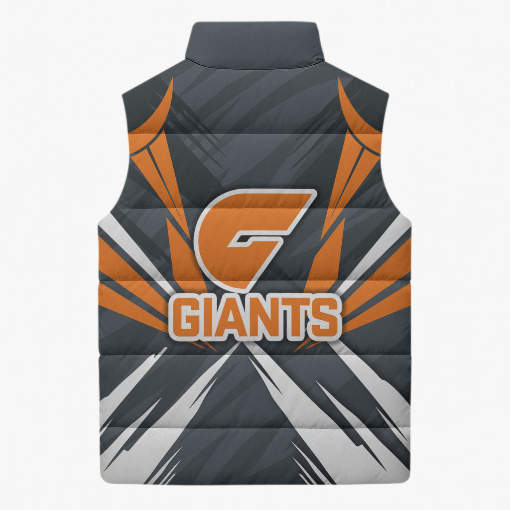 Greater Western Sydney Giants Australian Football Sleeveless Puffer Jacket Powerful Muscle Mascot With Geometric Sunburst Motion Art