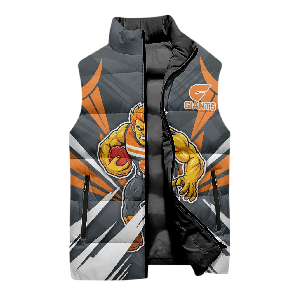 Greater Western Sydney Giants Australian Football Sleeveless Puffer Jacket Powerful Muscle Mascot With Geometric Sunburst Motion Art