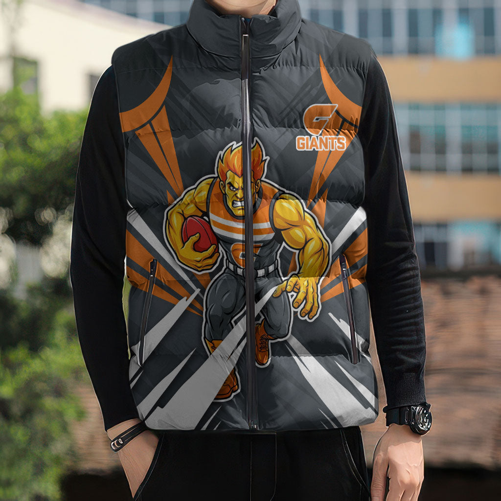 Greater Western Sydney Giants Australian Football Sleeveless Puffer Jacket Powerful Muscle Mascot With Geometric Sunburst Motion Art