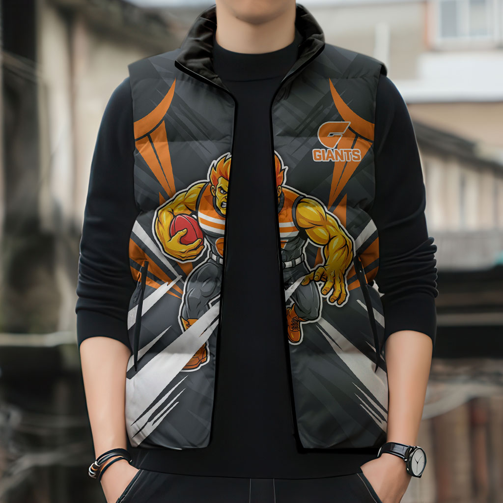 Greater Western Sydney Giants Australian Football Sleeveless Puffer Jacket Powerful Muscle Mascot With Geometric Sunburst Motion Art