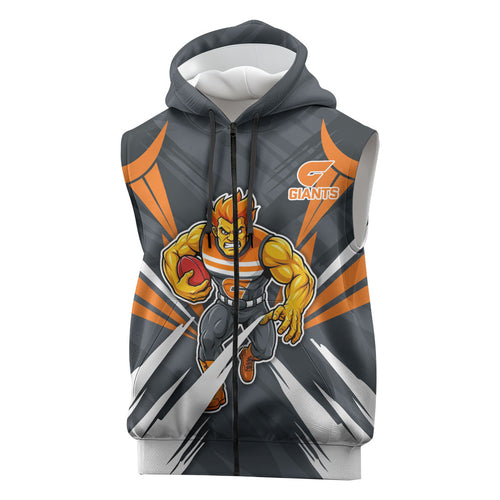 Greater Western Sydney Giants Australian Football Sleeveless Zip Hoodie Powerful Muscle Mascot With Geometric Sunburst Motion Art
