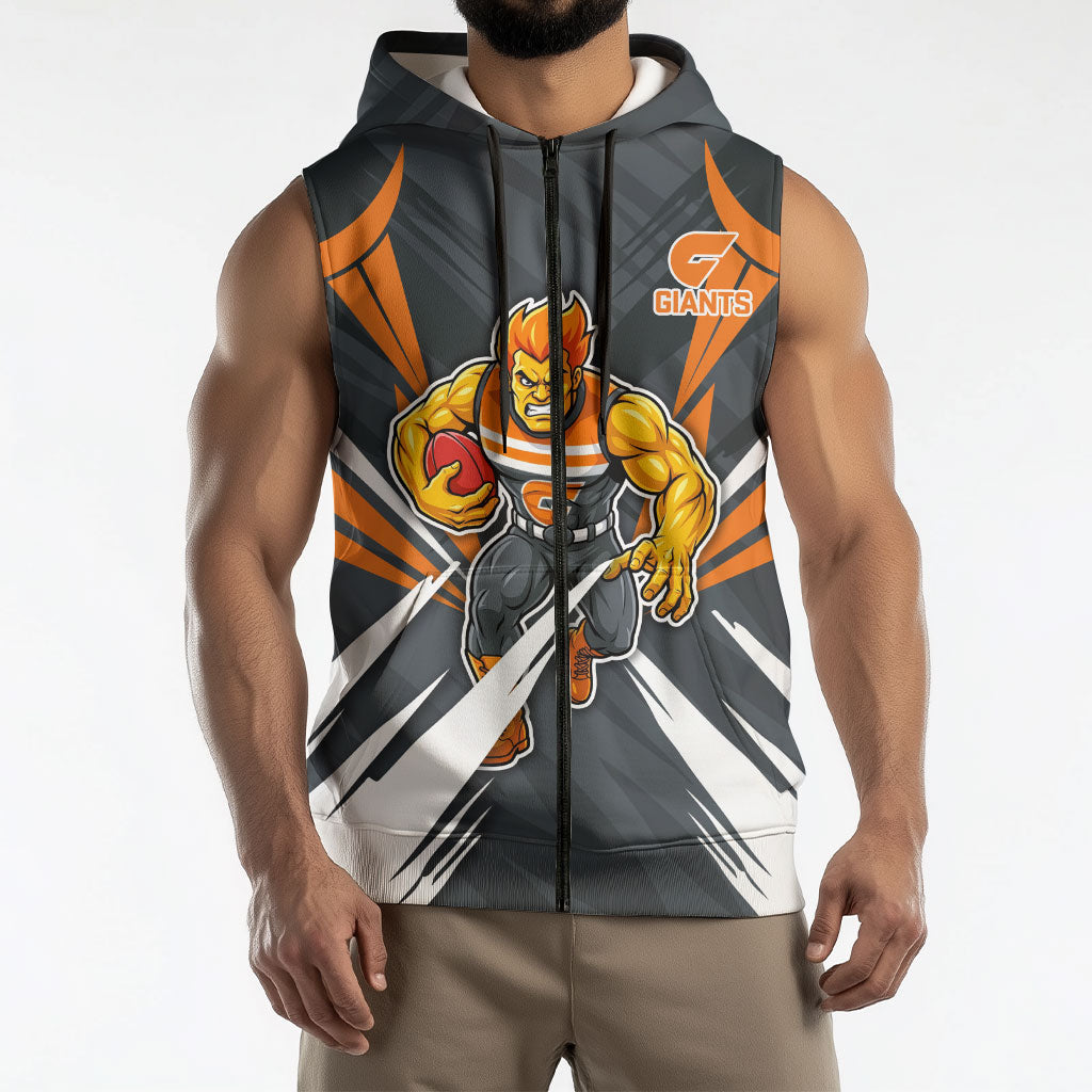 Greater Western Sydney Giants Australian Football Sleeveless Zip Hoodie Powerful Muscle Mascot With Geometric Sunburst Motion Art