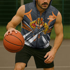 Greater Western Sydney Giants Australian Football Sleeveless Zip Hoodie Powerful Muscle Mascot With Geometric Sunburst Motion Art