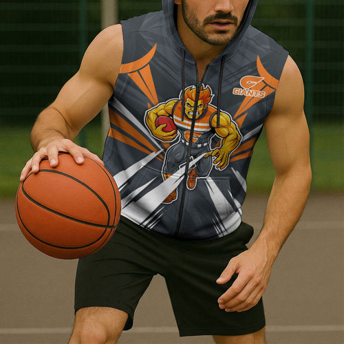 Greater Western Sydney Giants Australian Football Sleeveless Zip Hoodie Powerful Muscle Mascot With Geometric Sunburst Motion Art