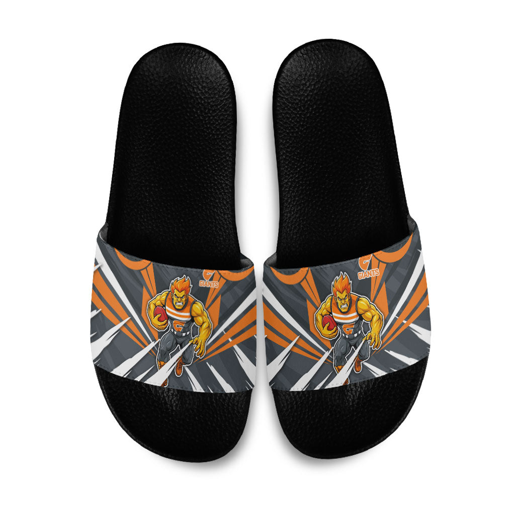Greater Western Sydney Giants Australian Football Slide Sandals Powerful Muscle Mascot With Geometric Sunburst Motion Art