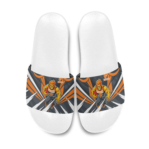 Greater Western Sydney Giants Australian Football Slide Sandals Powerful Muscle Mascot With Geometric Sunburst Motion Art