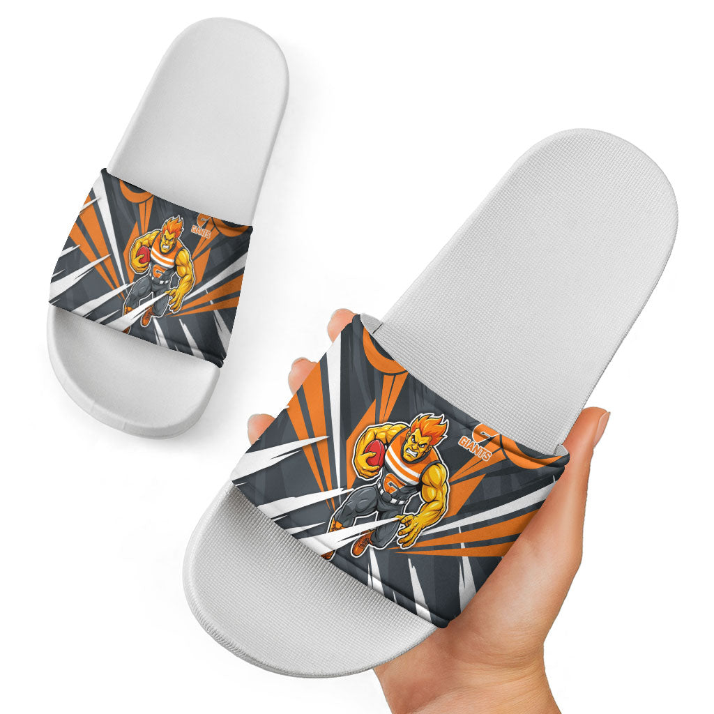 Greater Western Sydney Giants Australian Football Slide Sandals Powerful Muscle Mascot With Geometric Sunburst Motion Art