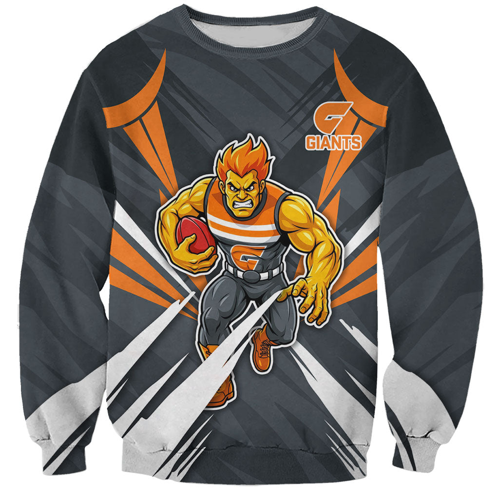 Greater Western Sydney Giants Australian Football Sweatshirt Powerful Muscle Mascot With Geometric Sunburst Motion Art
