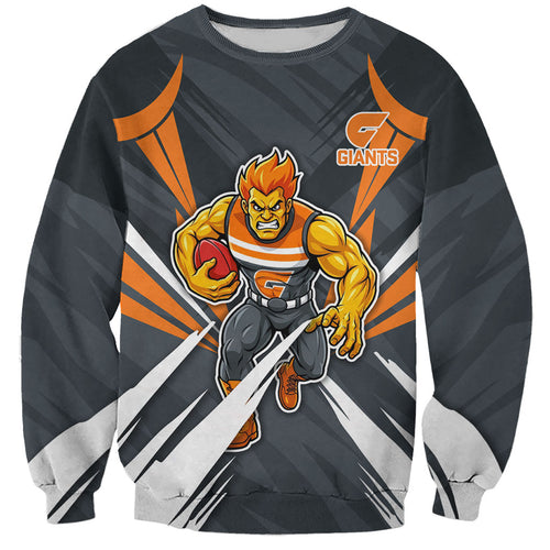 Greater Western Sydney Giants Australian Football Sweatshirt Powerful Muscle Mascot With Geometric Sunburst Motion Art