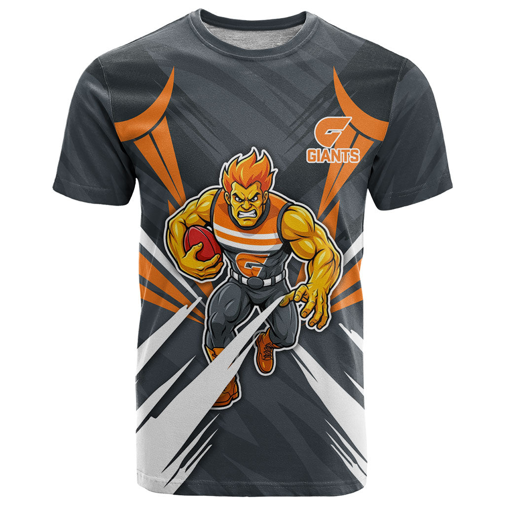 Greater Western Sydney Giants Australian Football T Shirt Powerful Muscle Mascot With Geometric Sunburst Motion Art
