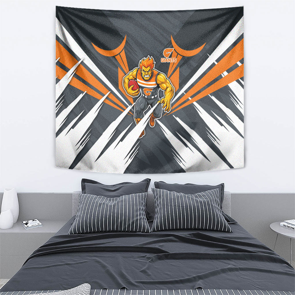 Greater Western Sydney Giants Australian Football Tapestry Powerful Muscle Mascot With Geometric Sunburst Motion Art