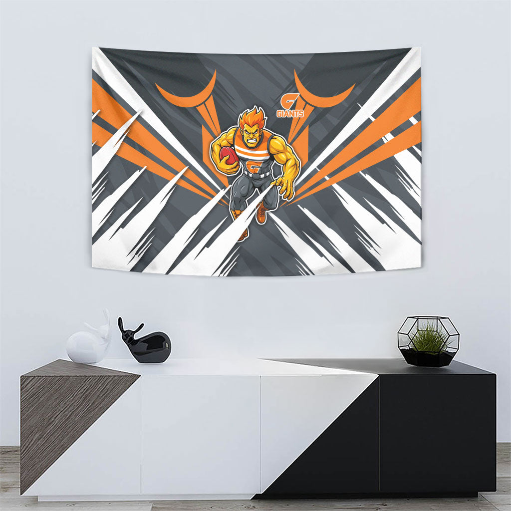Greater Western Sydney Giants Australian Football Tapestry Powerful Muscle Mascot With Geometric Sunburst Motion Art
