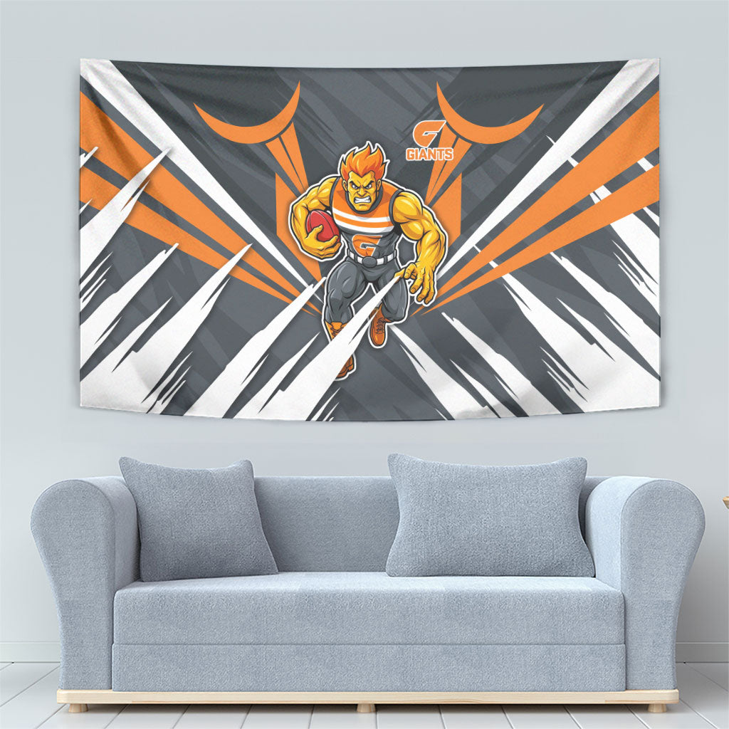 Greater Western Sydney Giants Australian Football Tapestry Powerful Muscle Mascot With Geometric Sunburst Motion Art