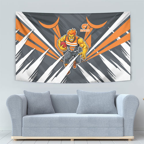 Greater Western Sydney Giants Australian Football Tapestry Powerful Muscle Mascot With Geometric Sunburst Motion Art