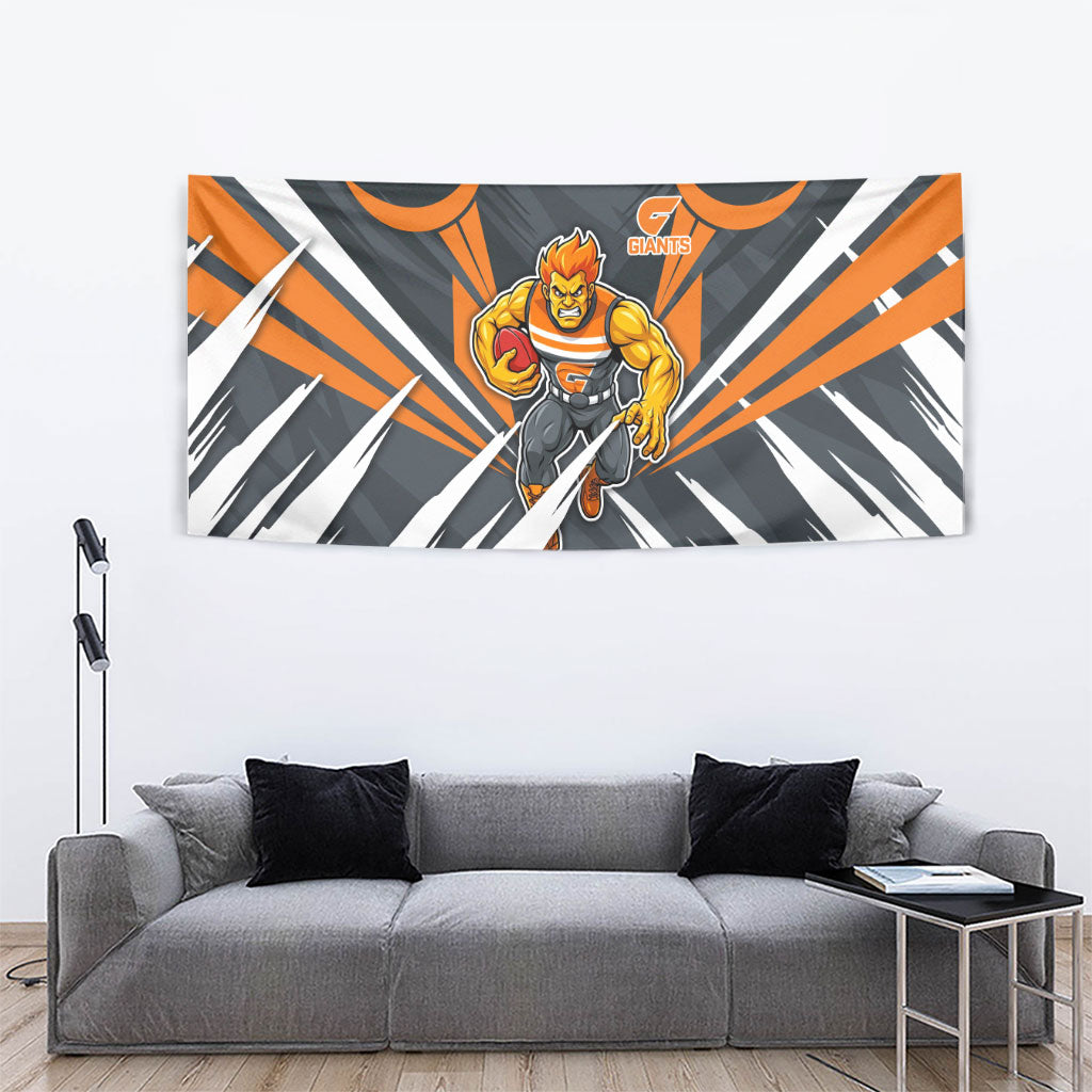 Greater Western Sydney Giants Australian Football Tapestry Powerful Muscle Mascot With Geometric Sunburst Motion Art
