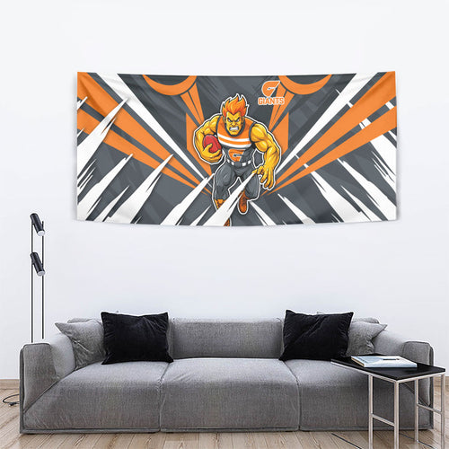 Greater Western Sydney Giants Australian Football Tapestry Powerful Muscle Mascot With Geometric Sunburst Motion Art