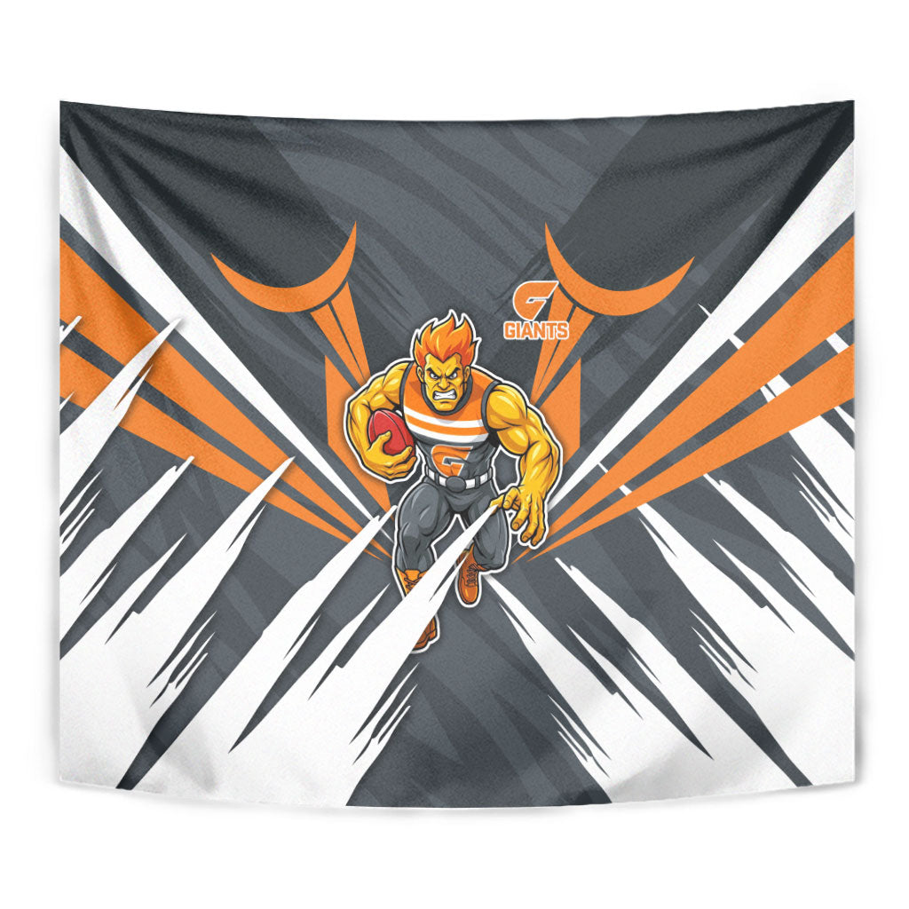 Greater Western Sydney Giants Australian Football Tapestry Powerful Muscle Mascot With Geometric Sunburst Motion Art