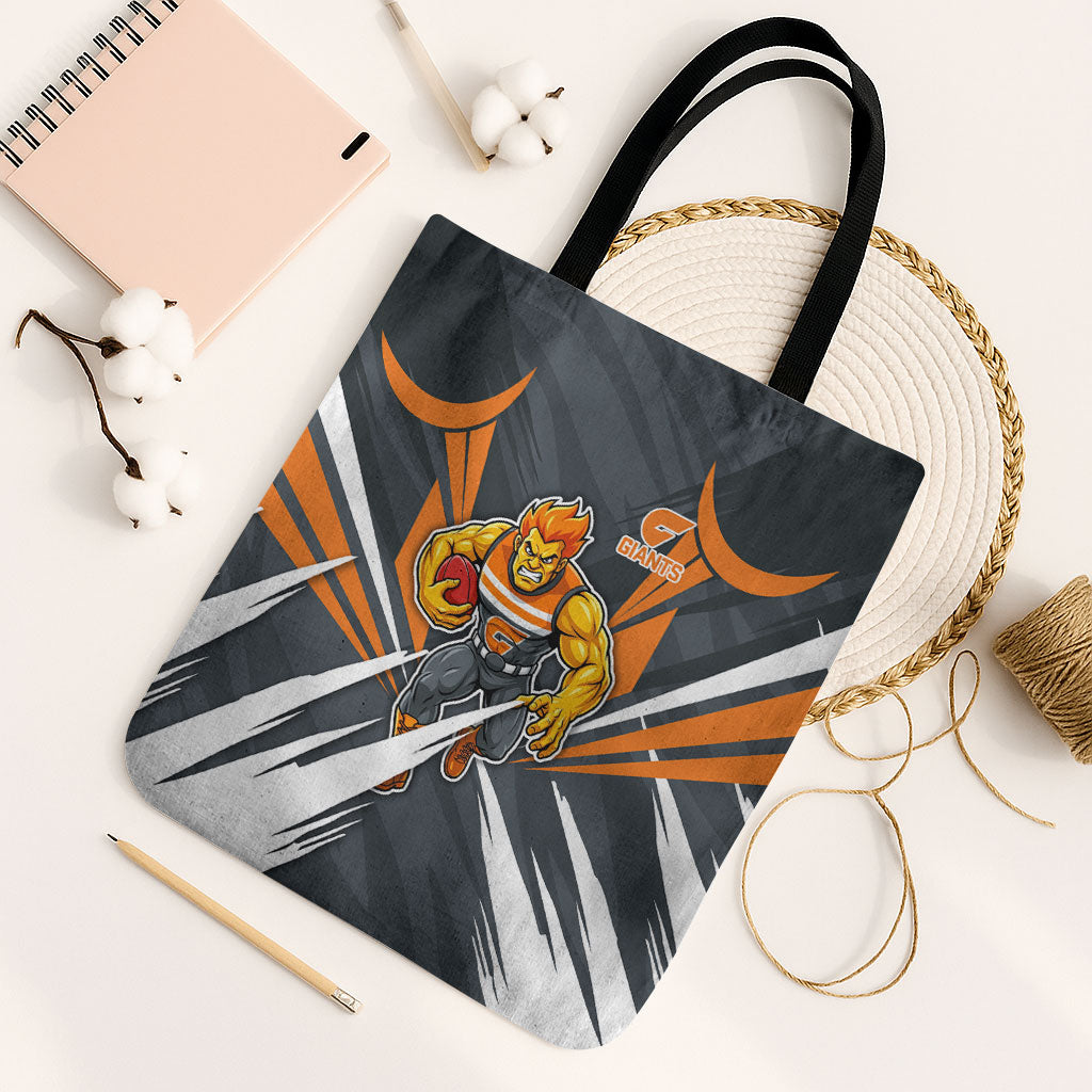 Greater Western Sydney Giants Australian Football Tote Bag Powerful Muscle Mascot With Geometric Sunburst Motion Art