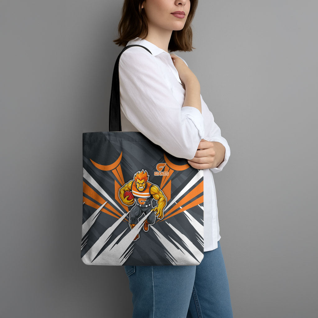 Greater Western Sydney Giants Australian Football Tote Bag Powerful Muscle Mascot With Geometric Sunburst Motion Art