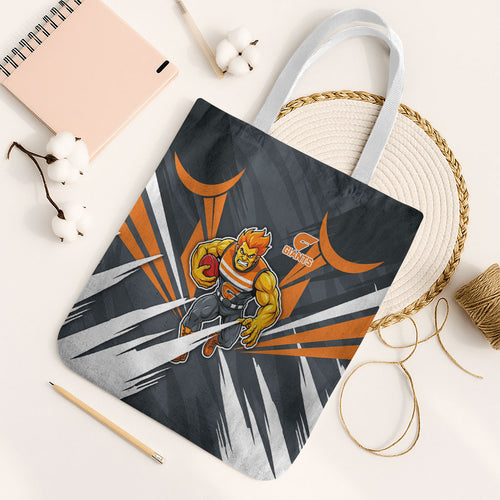 Greater Western Sydney Giants Australian Football Tote Bag Powerful Muscle Mascot With Geometric Sunburst Motion Art