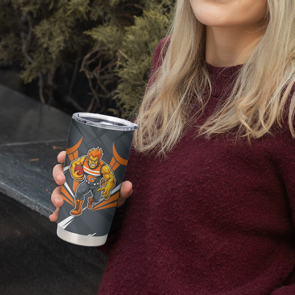 Greater Western Sydney Giants Australian Football Tumbler Cup Powerful Muscle Mascot With Geometric Sunburst Motion Art