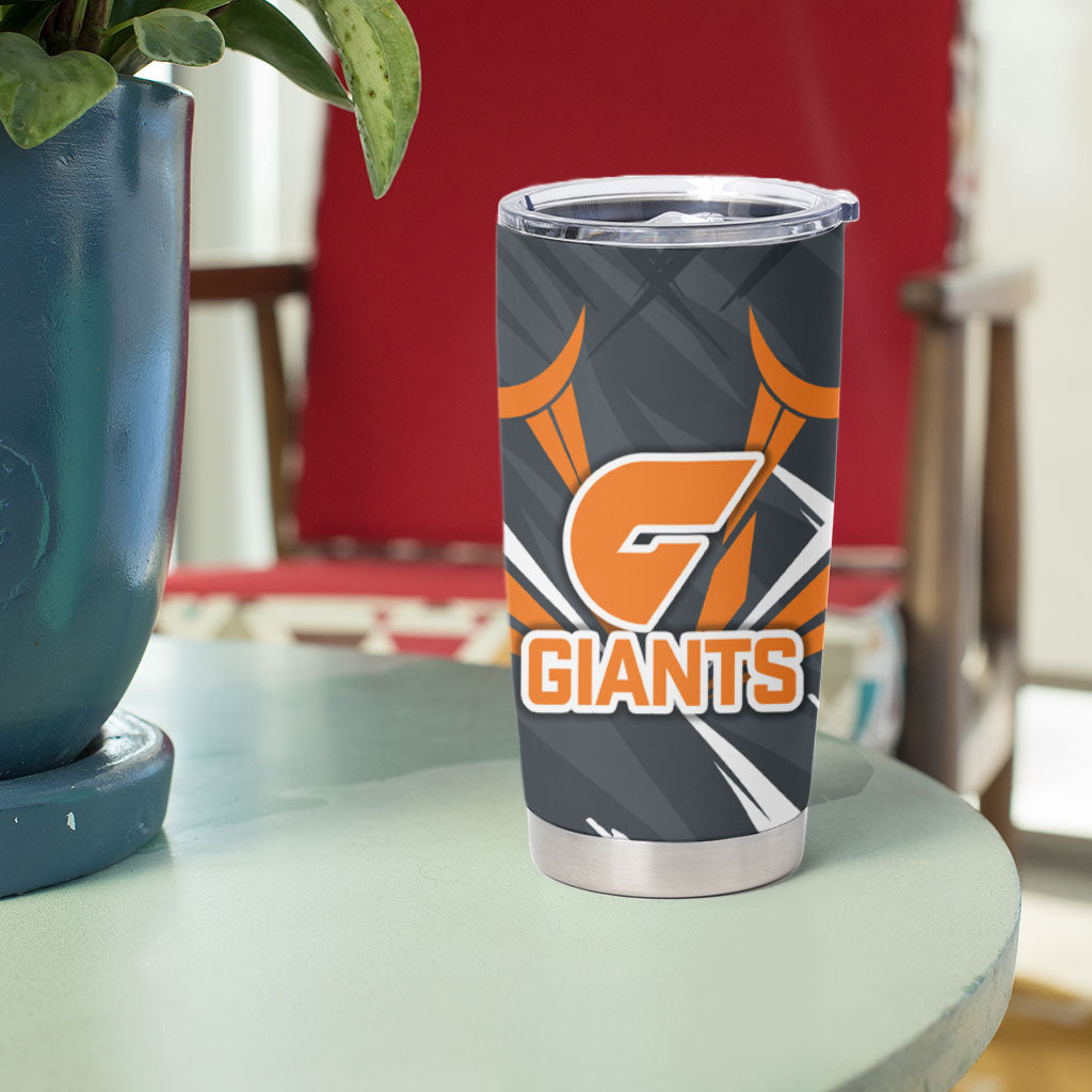 Greater Western Sydney Giants Australian Football Tumbler Cup Powerful Muscle Mascot With Geometric Sunburst Motion Art