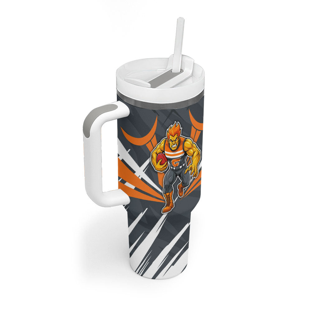 Greater Western Sydney Giants Australian Football Tumbler With Handle Powerful Muscle Mascot With Geometric Sunburst Motion Art