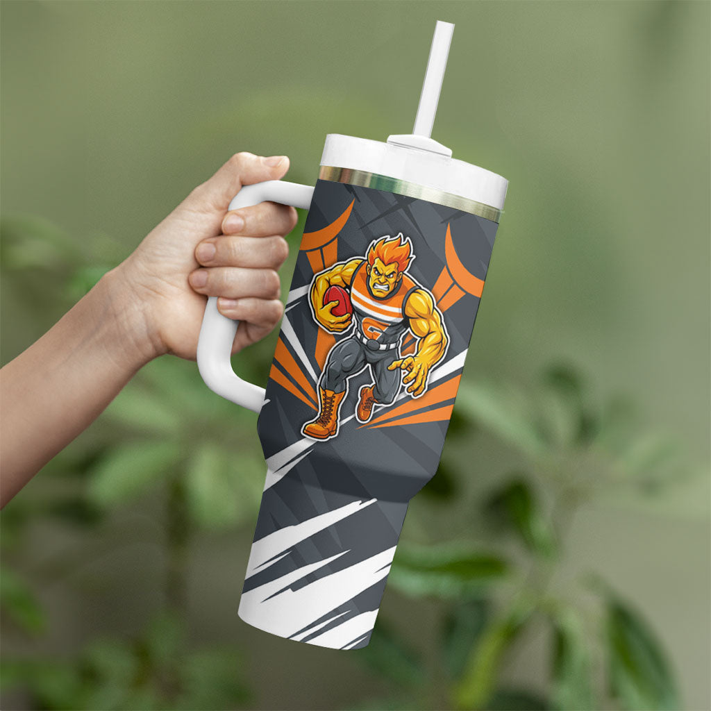 Greater Western Sydney Giants Australian Football Tumbler With Handle Powerful Muscle Mascot With Geometric Sunburst Motion Art