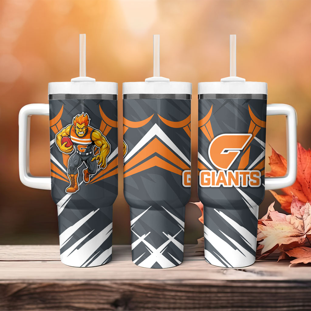 Greater Western Sydney Giants Australian Football Tumbler With Handle Powerful Muscle Mascot With Geometric Sunburst Motion Art
