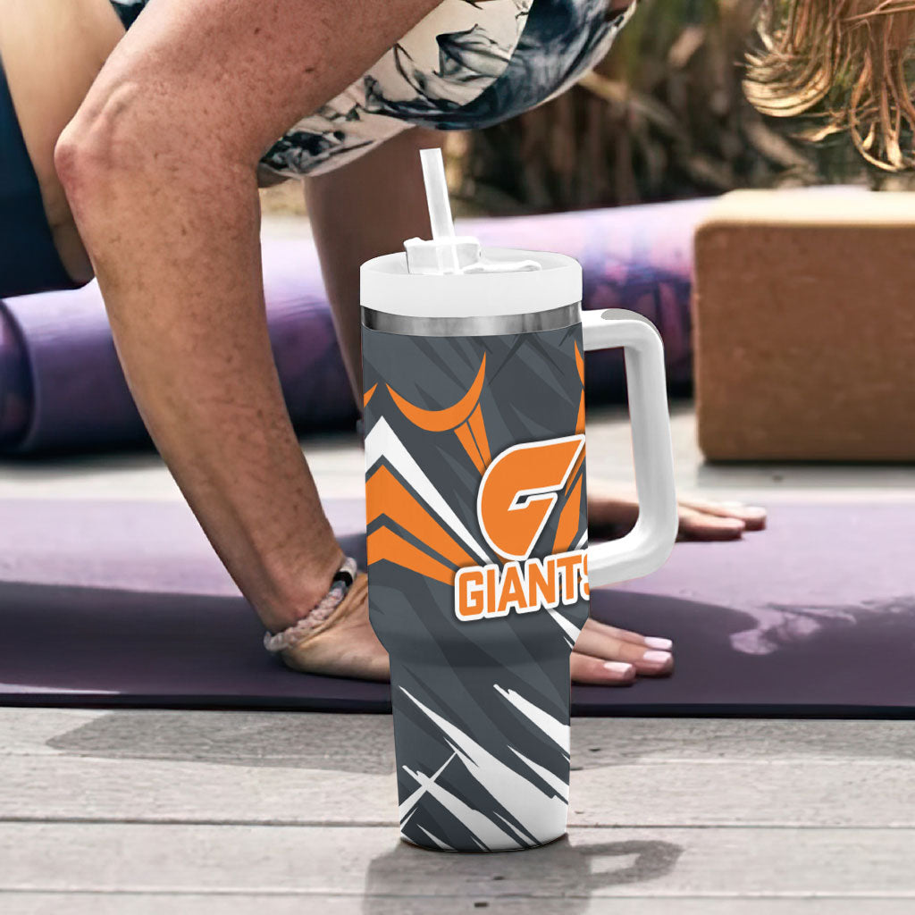 Greater Western Sydney Giants Australian Football Tumbler With Handle Powerful Muscle Mascot With Geometric Sunburst Motion Art