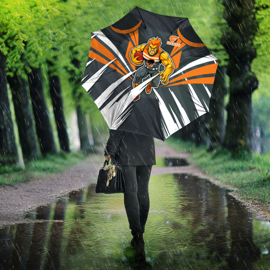 Greater Western Sydney Giants Australian Football Umbrella Powerful Muscle Mascot With Geometric Sunburst Motion Art
