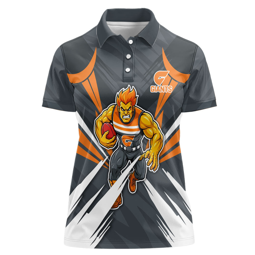 Greater Western Sydney Giants Australian Football Women Polo Shirt Powerful Muscle Mascot With Geometric Sunburst Motion Art